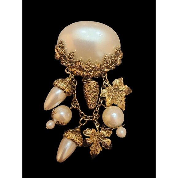 Vintage 80s Faux Pearl Dangle Brooch (A3994) - Picture 2 of 4